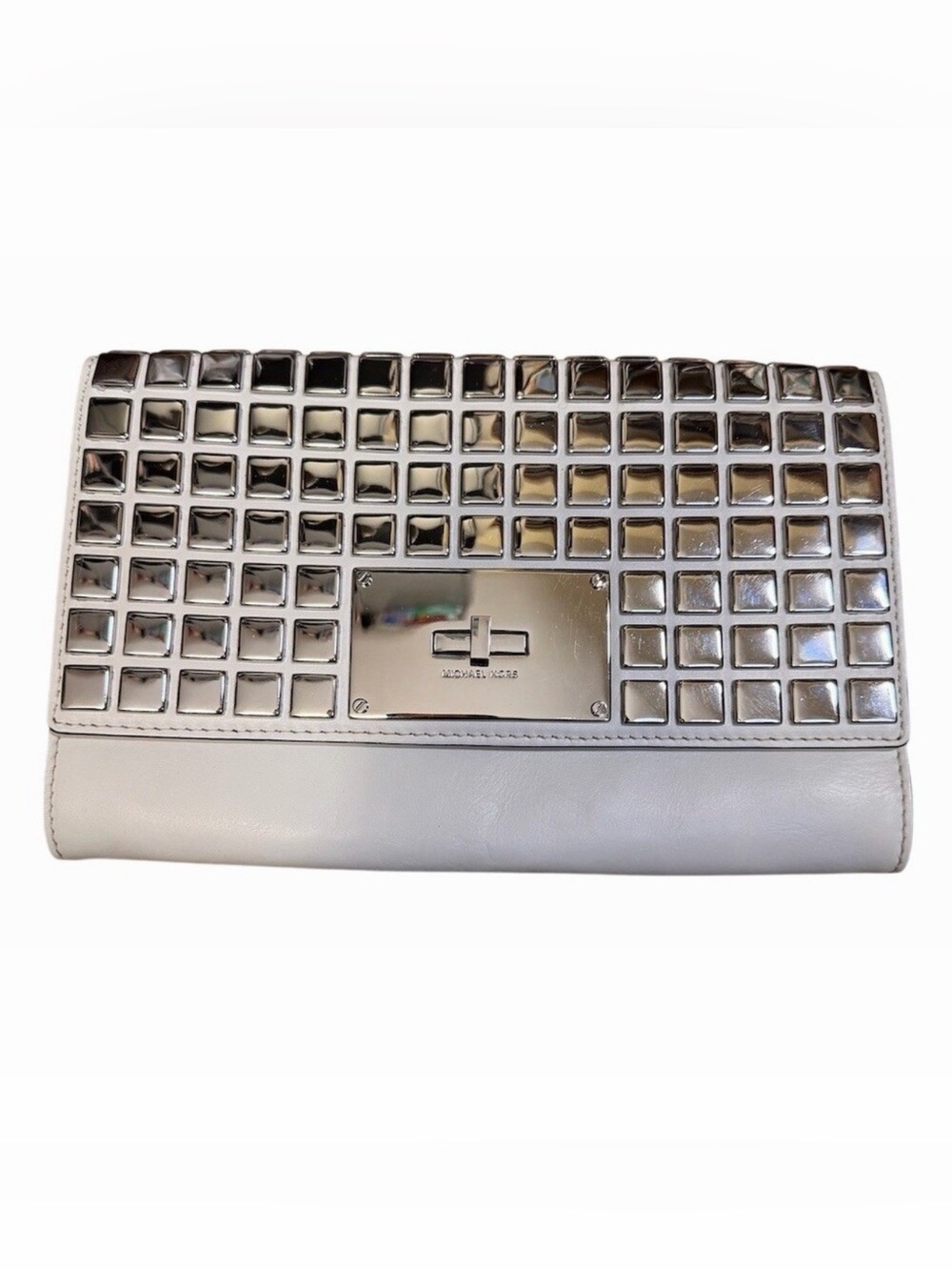 Michael Kors Natalia Clutch Leather White Silver Tiled Turn Lock NWT